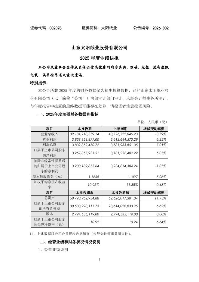 太阳纸业：山东太阳纸业股份有限公司2025年度业绩快报海报