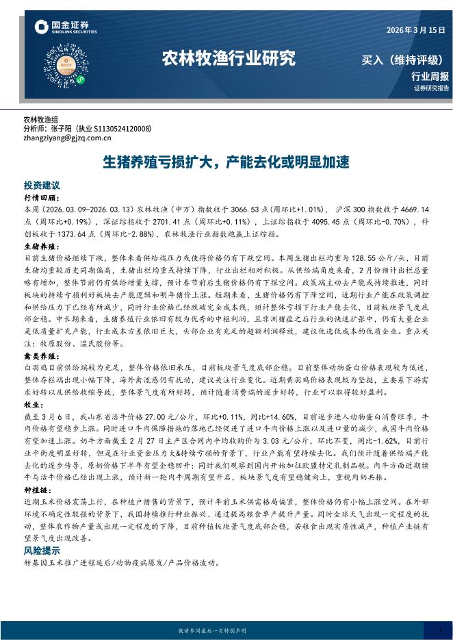 国金证券：农林牧渔行业研究：生猪养殖亏损扩大，产能去化或明显加速海报