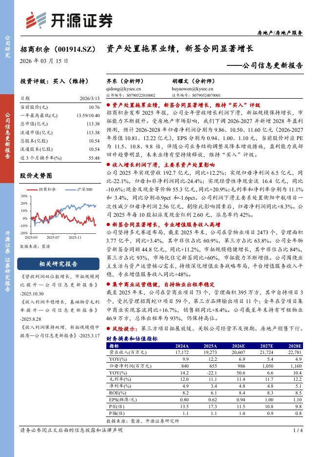 开源证券：招商积余（001914）-公司信息更新报告：资产处置拖累业绩，新签合同显著增长海报