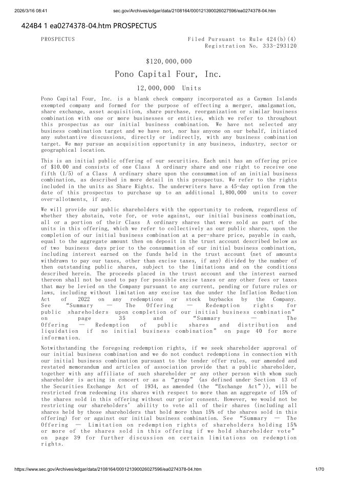 Pono Capital Four, Inc.美股纳斯达克IPO上市招股说明书海报