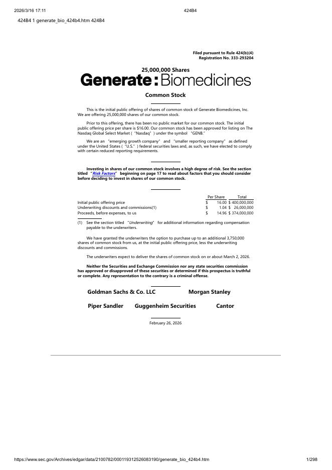 Generate Biomedicines, Inc.美股纳斯达克IPO上市招股说明书海报