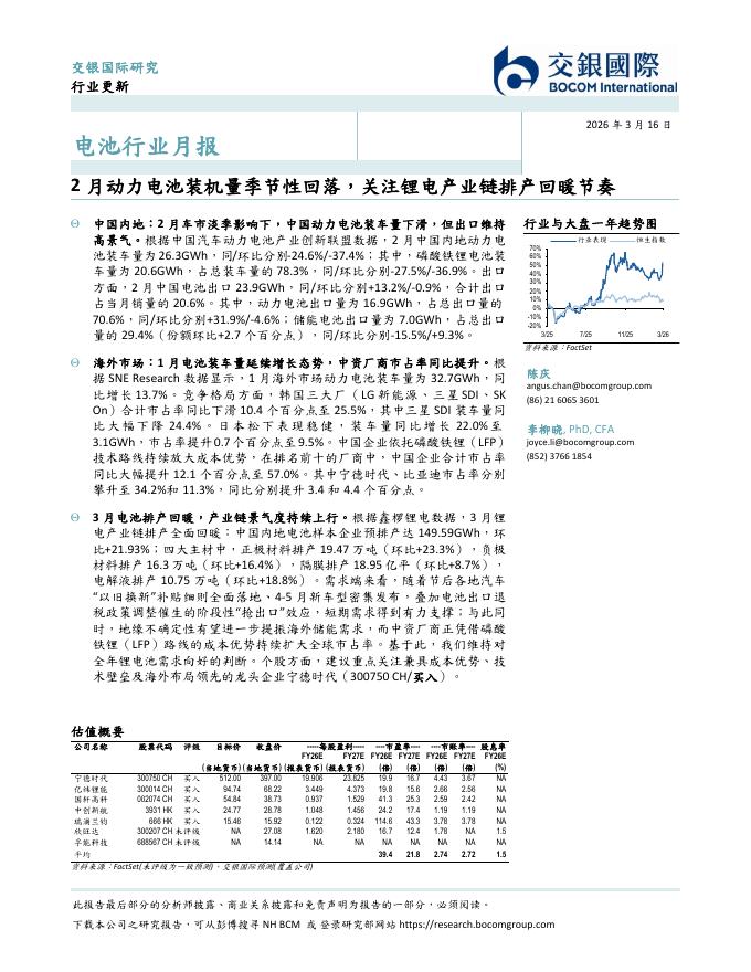 交银国际证券：电池行业月报：2月动力电池装机量季节性回落，关注锂电产业链排产回暖节奏海报