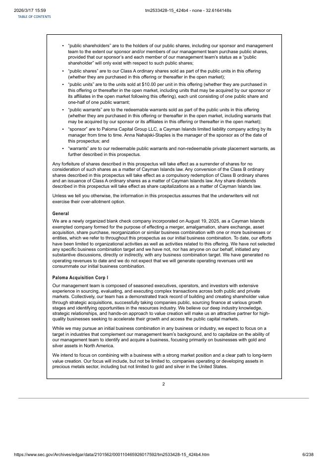 Paloma Acquisition Corp I美股纳斯达克IPO上市招股说明书_第6页