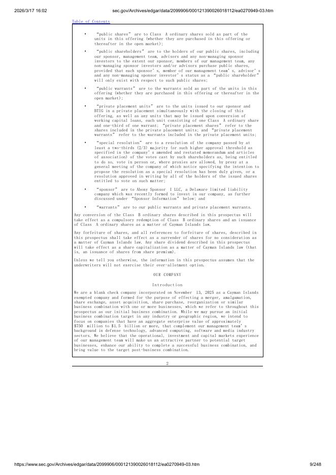 Abony Acquisition Corp. I美股纳斯达克IPO上市招股说明书_第9页
