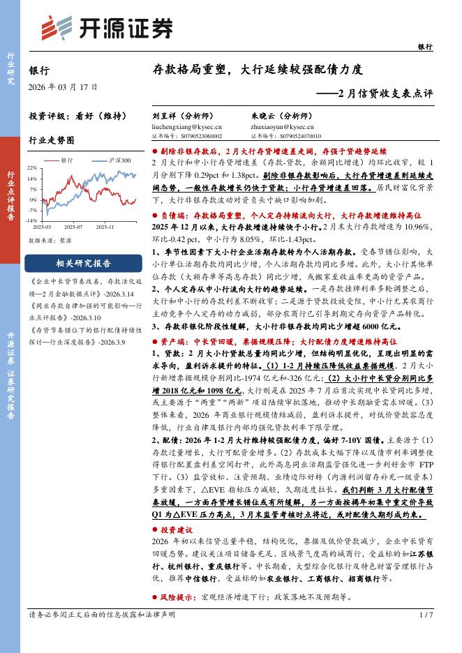 开源证券：银行业2月信贷收支表点评：存款格局重塑，大行延续较强配债力度海报