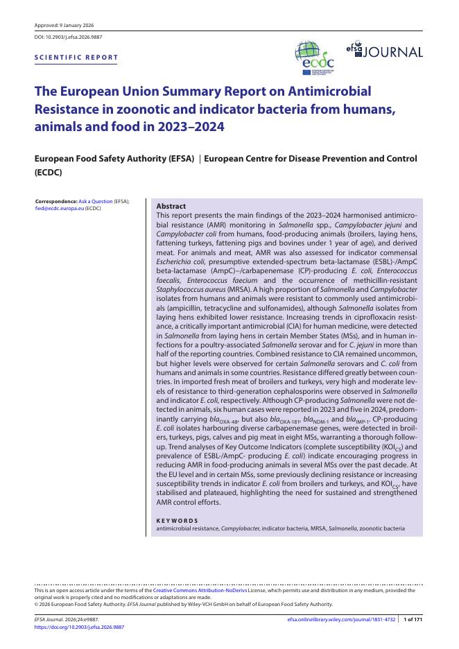 欧洲疾控中心：欧盟关于2023-2024年人、动物和食品中人畜共患病原菌和指示菌耐药性的总结报告（英文版）海报