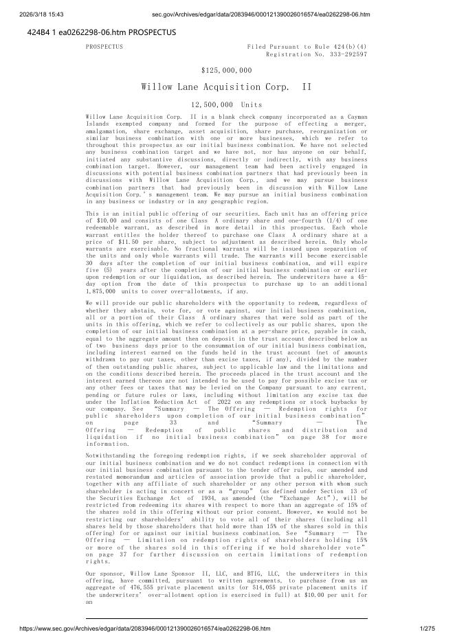 Willow Lane Acquisition Corp.II美股纳斯达克IPO上市招股说明书