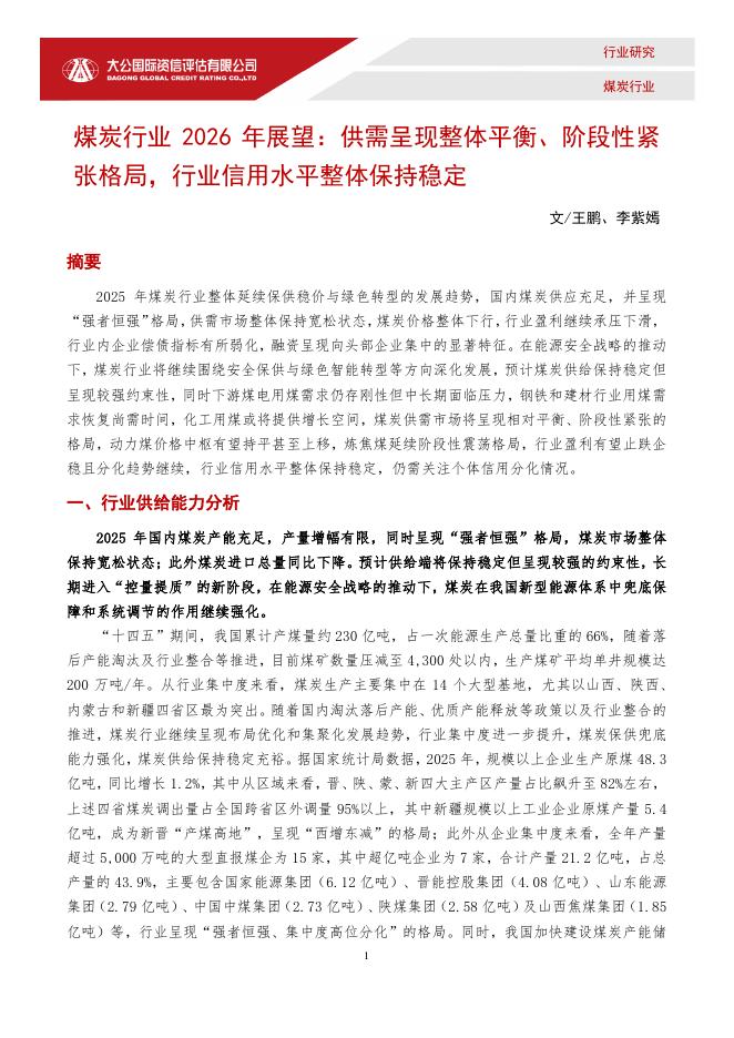 大公国际资信：煤炭行业2026年展望：供需呈现整体平衡、阶段性紧张格局，行业信用水平整体保持稳定海报