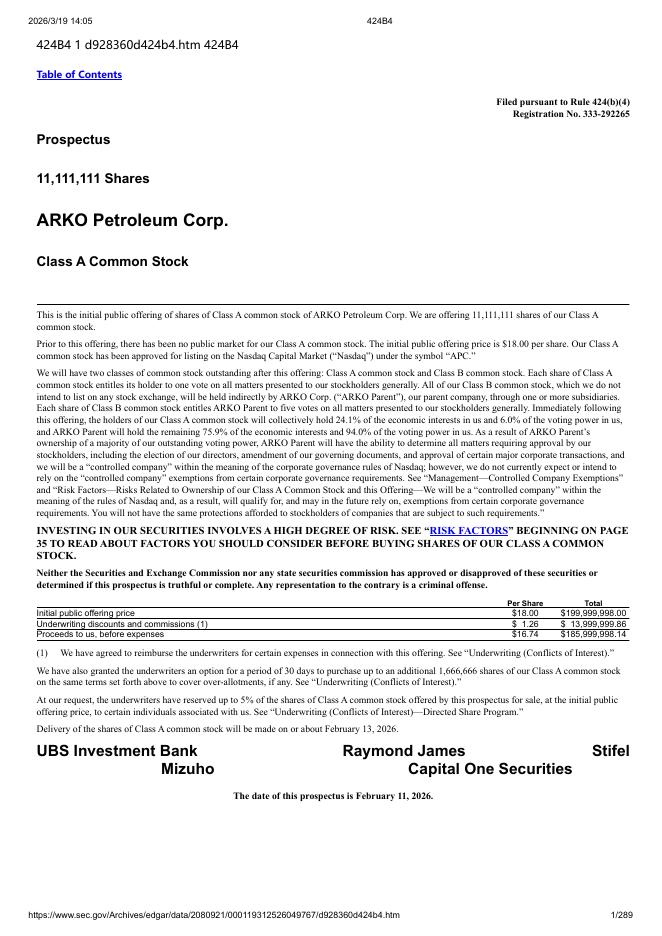 ARKO Petroleum Corp.美股纳斯达克IPO上市招股说明书