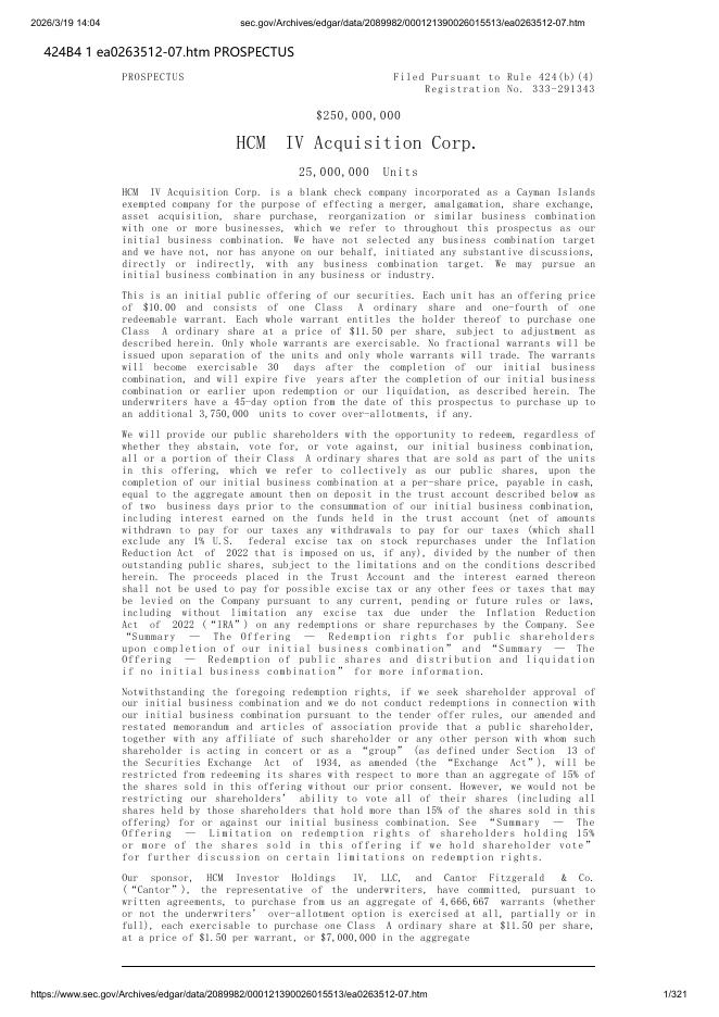 HCM IV Acquisition Corp.美股纳斯达克IPO上市招股说明书海报