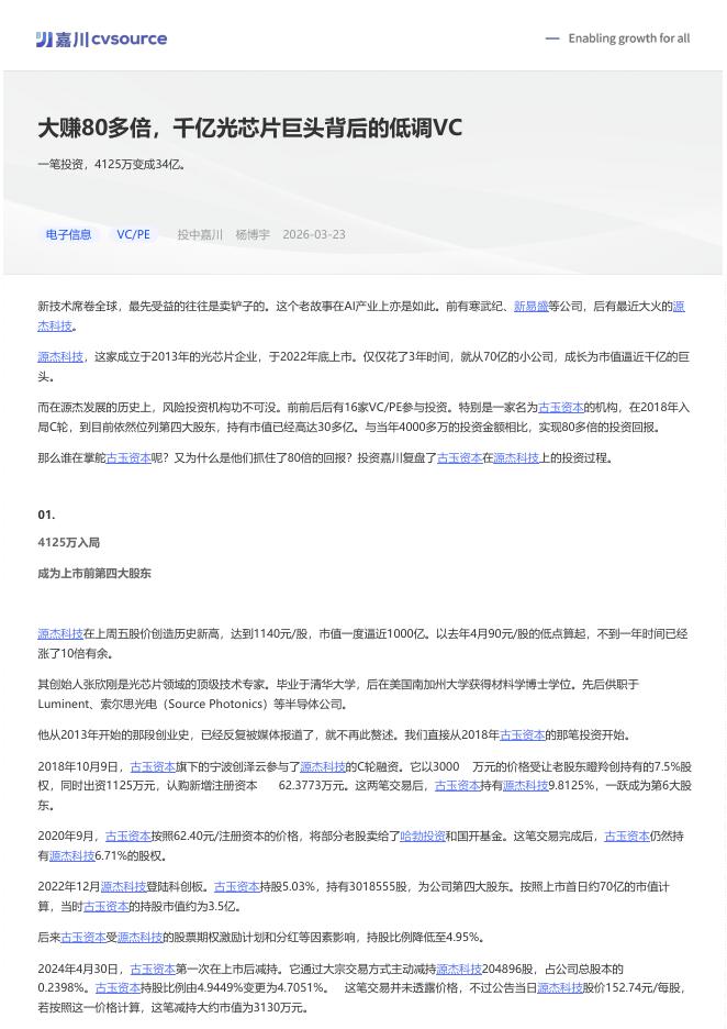 投中嘉川：2026年大赚80多倍，千亿光芯片巨头背后的低调VC海报