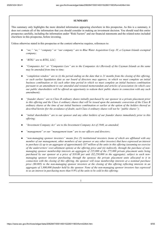Blue Water Acquisition Corp. IV纽约证券交易所IPO上市招股说明书_第8页