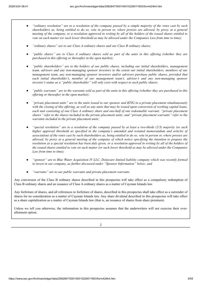 Blue Water Acquisition Corp. IV纽约证券交易所IPO上市招股说明书_第9页
