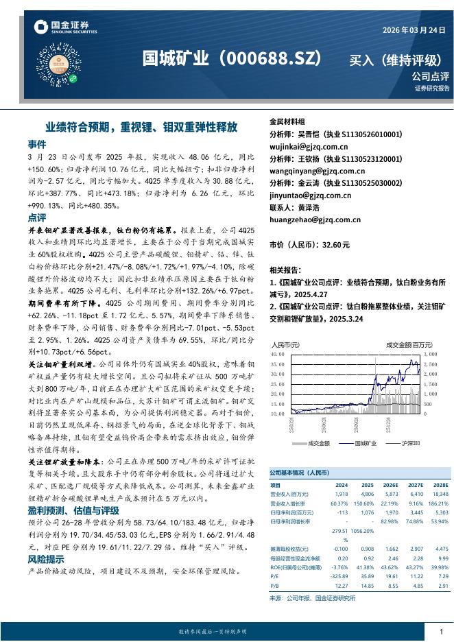 国金证券：国城矿业（000688）-业绩符合预期，重视锂、钼双重弹性释放海报