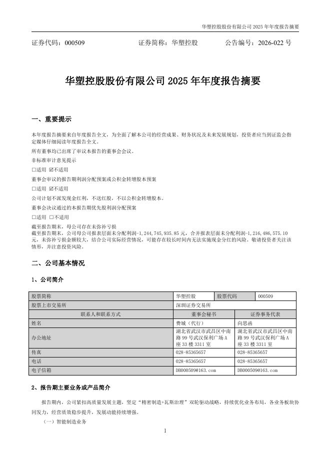 000509-华塑控股：2025年年度报告摘要