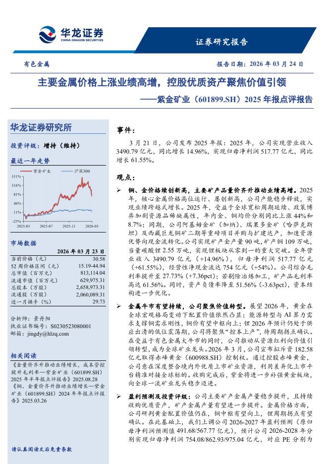 华龙证券：紫金矿业（601899）-2025年报点评报告：主要金属价格上涨业绩高增，控股优质资产聚焦价值引领海报
