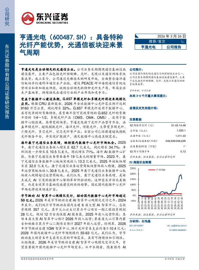 东兴证券：亨通光电（600487）-具备特种光纤产能优势，光通信板块迎来景气周期海报