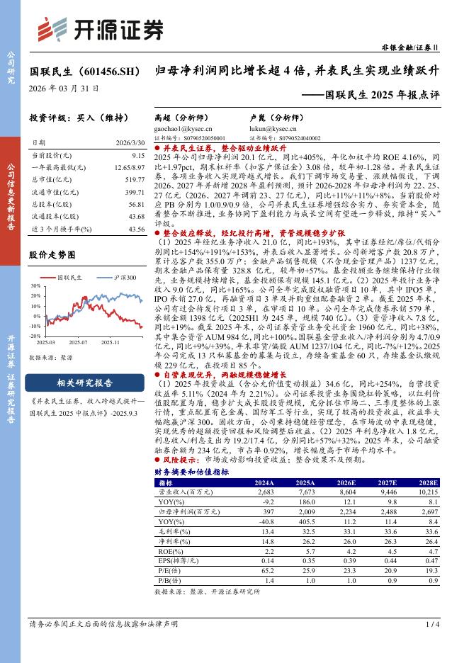 开源证券：国联民生2025年报点评：归母净利润同比增长超4倍，并表民生实现业绩跃升海报