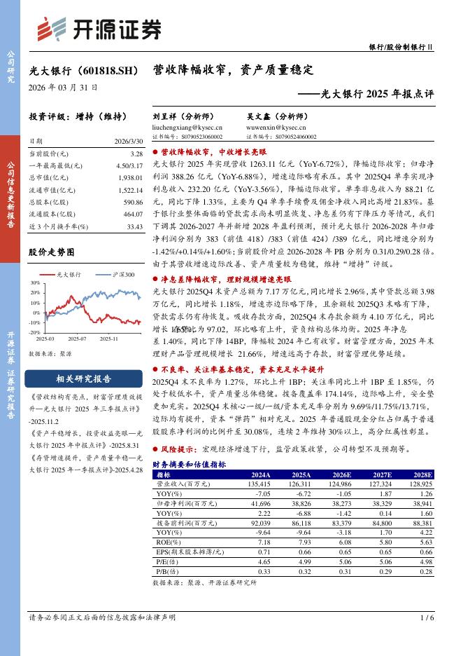 开源证券：光大银行2025年报点评：营收降幅收窄，资产质量稳定海报