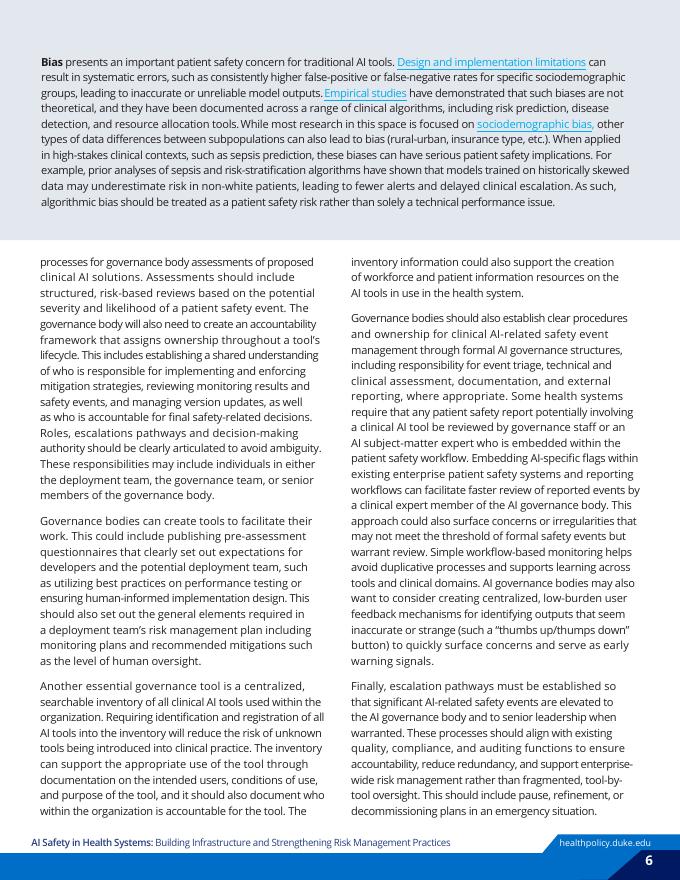 杜克大学 ：2026年医疗系统中的AI安全：基础设施建设与风险管理实践强化白皮书（英文版）_第6页