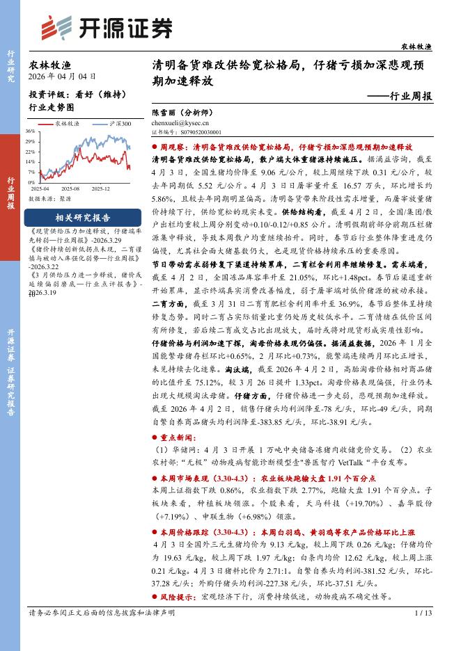 开源证券：农林牧渔行业周报：清明备货难改供给宽松格局，仔猪亏损加深悲观预期加速释放海报