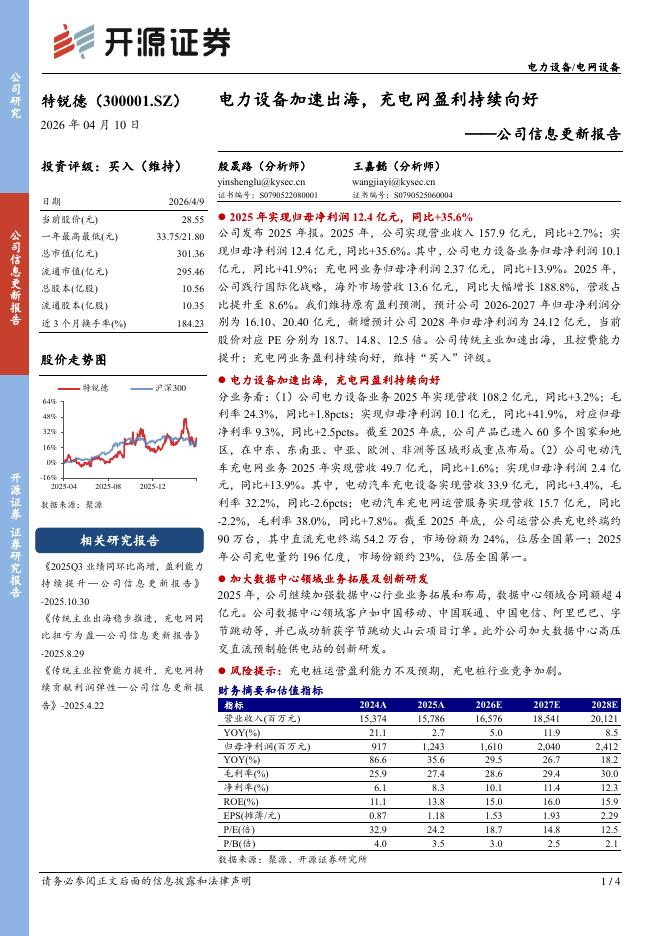开源证券：特锐德（300001）-公司信息更新报告：电力设备加速出海，充电网盈利持续向好海报