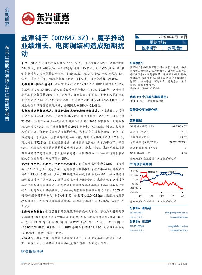 东兴证券：盐津铺子（002847）-魔芋推动业绩增长，电商调结构造成短期扰动海报