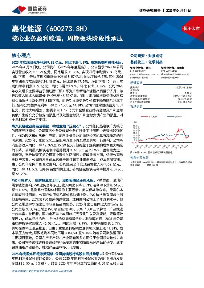 国信证券：嘉化能源（600273）-核心业务盈利稳健，周期板块阶段性承压海报