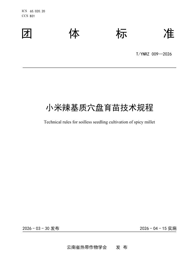 T/YNRZ 009-2026 小米辣基质穴盘育苗技术规程
