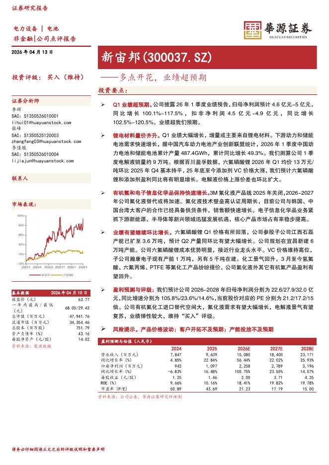 华源证券：新宙邦（300037）-多点开花，业绩超预期海报