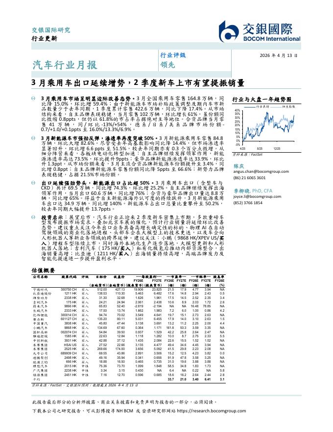交银国际证券：汽车行业月报：3月乘用车出口延续增势，2季度新车上市有望提振销量海报