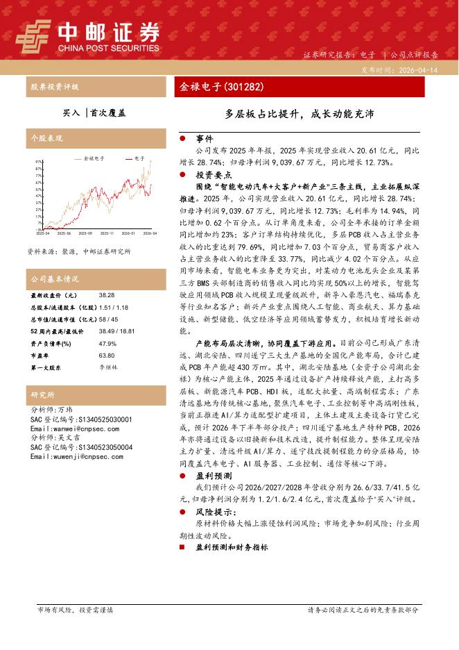 中邮证券：金禄电子（301282）-多层板占比提升，成长动能充沛海报