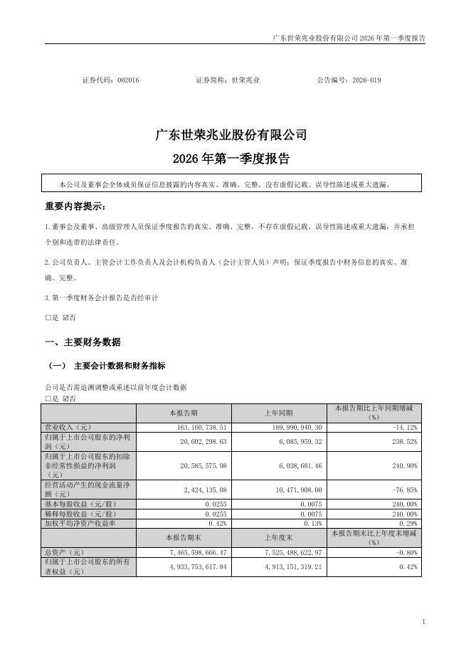 002016-世荣兆业：2026年一季度报告_第1页