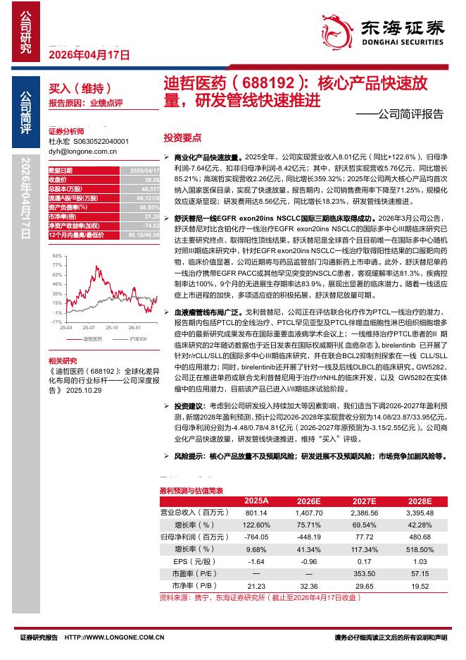 东海证券：迪哲医药（688192）-公司简评报告：核心产品快速放量，研发管线快速推进海报