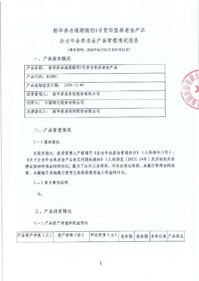 新华养老通湖稳利1号货币型养老金产品企业年金养老金产品管理情况报告（2026年第1季度）海报