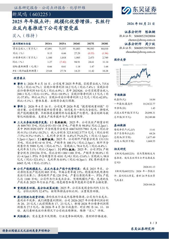 东吴证券：新凤鸣（603225）-2025年年报点评：规模化优势增强，长丝行业反内卷推进下公司有望受益海报