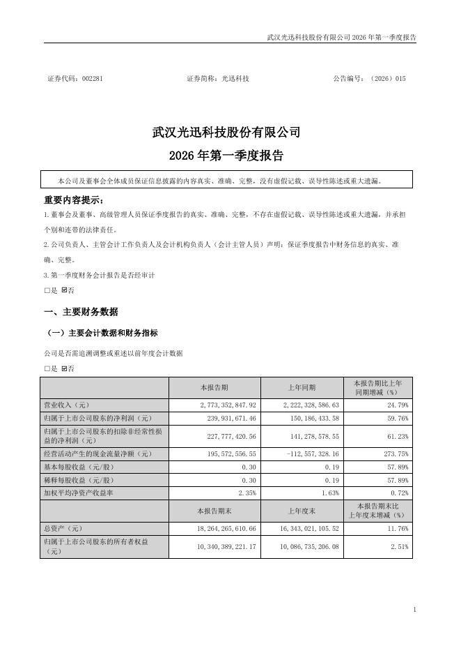 002281-光迅科技：2026年一季度报告