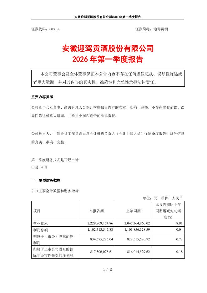 603198-迎驾贡酒：迎驾贡酒2026年一季度报告
