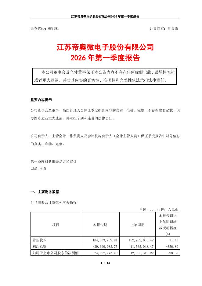688381-帝奥微：2026年第一季度报告