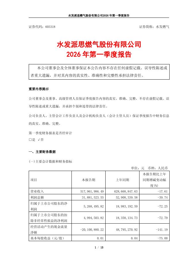 603318-水发燃气：2026年第一季度报告