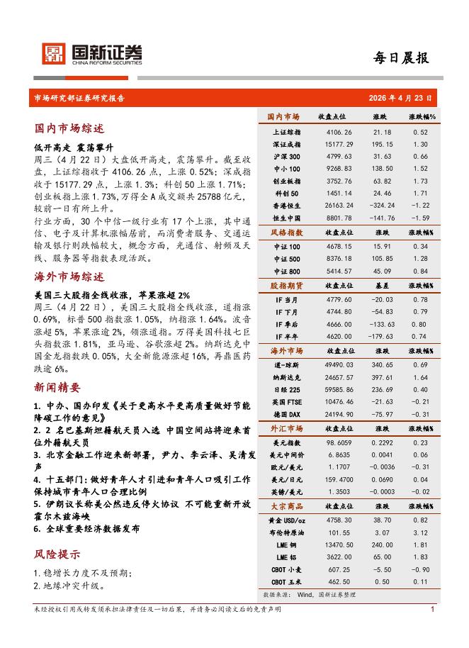 国新证券股份：每日晨报-260423
