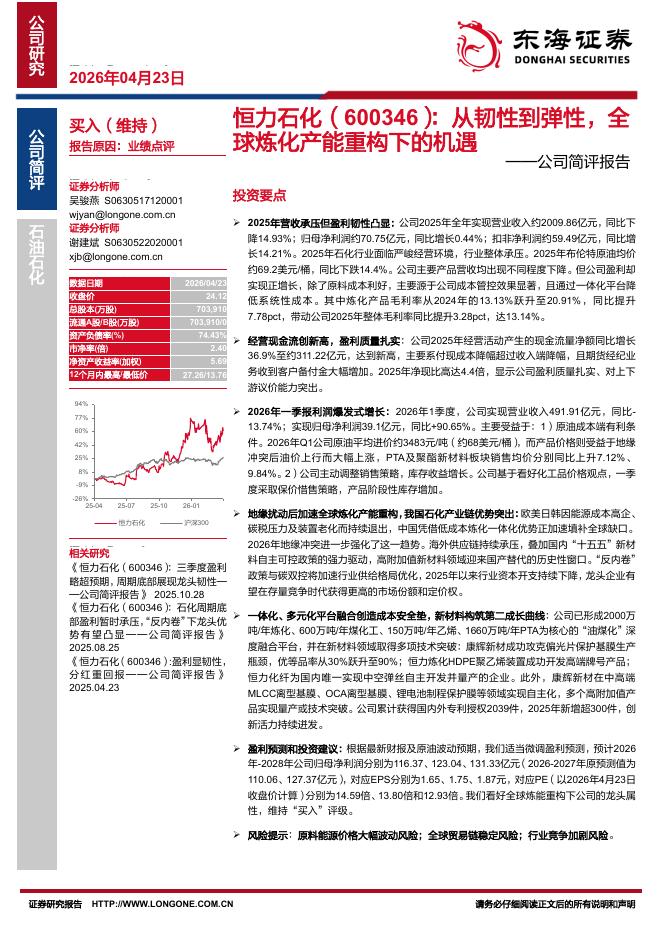 东海证券：恒力石化（600346）-公司简评报告：从韧性到弹性，全球炼化产能重构下的机遇海报