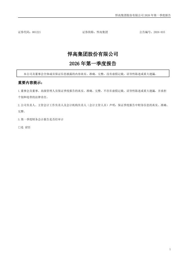 001221-悍高集团：2026年一季度报告