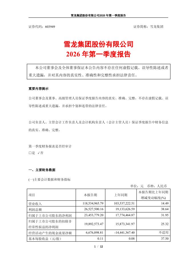603949-雪龙集团：雪龙集团股份有限公司2026年第一季度报告