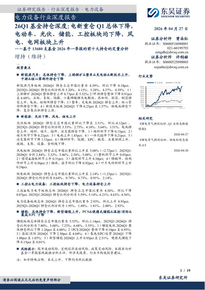 东吴证券：电力设备行业深度报告：基于13680支基金2026年一季报的前十大持仓的定量分析-26Q1基金持仓深度：电新重仓Q1总体下降，电动车、光伏、储能、工控板块均下降，风电、电网板块上升海报