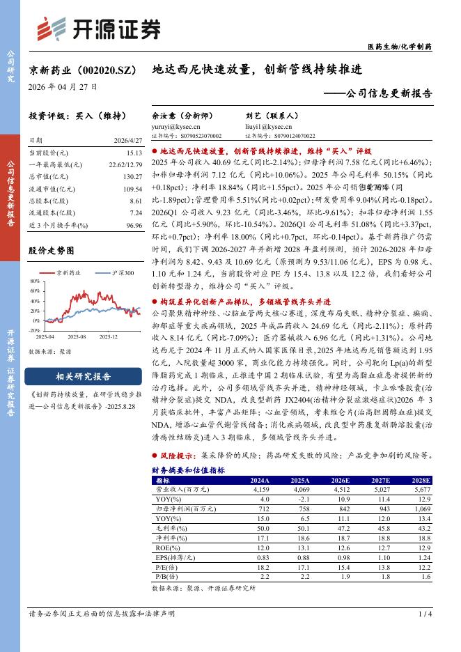 开源证券：京新药业（002020）-公司信息更新报告：地达西尼快速放量，创新管线持续推进海报