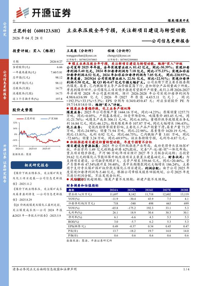 开源证券：兰花科创（600123）-公司信息更新报告：主业承压致全年亏损，关注新项目建设与转型动能海报