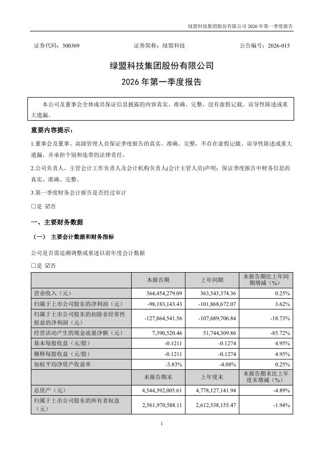 300369-绿盟科技：2026年一季度报告