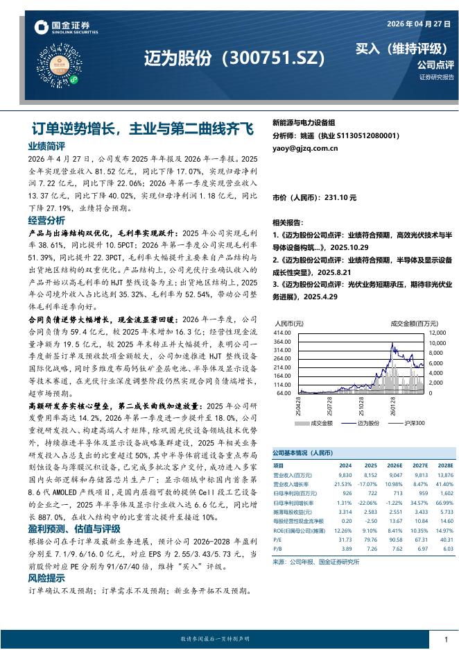 国金证券：迈为股份（300751）-订单逆势增长，主业与第二曲线齐飞海报