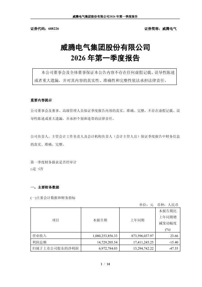 688226-威腾电气：威腾电气集团股份有限公司2026年第一季度报告
